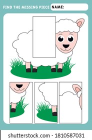 Find the missing piece and complete the picture. Puzzle kids activity. animals theme. little Sheep. Activity for pre school years kids. Educational and logical game for kids.  