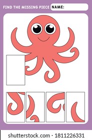 Find the missing piece and complete the picture. Puzzle for children. animal theme. little Octopus. An event for preschool children. Educational and logical game for children. A4 paper