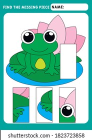 Find the missing piece and complete the picture. Puzzle kids activity. animals theme. little 
Frog. Activity for pre school years kids. Educational and logical game for kids. 