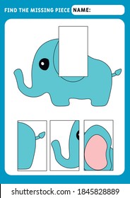 Find the missing piece and complete the picture. Puzzle kids activity. animals theme. Funny little Elephant. Activity for pre school years kids. Educational and logical game for kids.  A4 paper