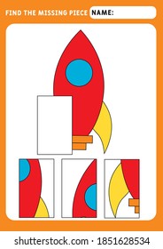 Find the missing piece and complete the picture. Puzzle kids activity. transport theme. Funny little rocket. Activity for pre school years kids. Educational and logical game for kids.  A4 paper