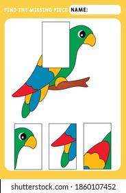 Encuentra la pieza que falta y completa la imagen. Romper la actividad infantil. tema de los animales. Loro gracioso. Actividad para niños de preescolar. Juego educativo y lógico para los niños.  Papel A4
