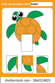 Find the missing piece and complete the picture. Puzzle kids activity. animals theme. Funny little sea turtle. Activity for pre school years kids. Educational and logical game for kids.  A4 paper