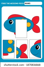 Find the missing piece and complete the picture. Puzzle kids activity. animals theme. Funny little fish. Activity for pre school years kids. Educational and logical game for kids.  A4 paper ready