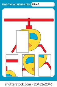 Find the missing piece and complete the picture. Puzzle kids activity. transport theme. Funny little helicopte. Activity for pre school years kids. Educational and logical game for kids.  A4 paper