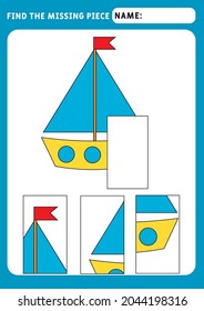 Find the missing piece and complete the picture. Puzzle kids activity. transport theme. Funny little Ship. Activity for pre school years kids. Educational and logical game for kids.  A4 paper