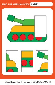 Find the missing piece and complete the picture. Puzzle kids activity. transport theme. Funny little tank. Activity for pre school years kids. Educational and logical game for kids.  A4 paper
