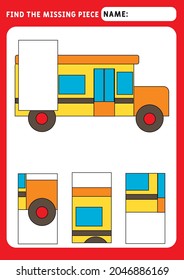 Find The Missing Piece And Complete The Picture. Puzzle Kids Activity. Transport Theme. Funny Little Bus. Activity For Pre School Years Kids. Educational And Logical Game For Kids.  A4 Paper