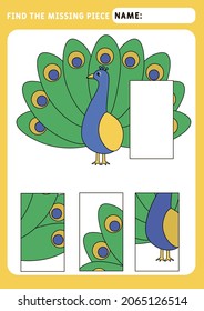 Find the missing piece and complete the picture. Puzzle kids activity. animals theme. little cute Peacock. Activity for pre school years kids. Educational and logical game for kids.  A4 paper ready
