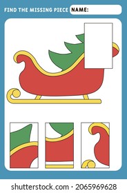 Find the missing piece  and complete the picture. Puzzle kids activity. Christmas sleigh santa claus. Activity for pre school years kids. Educational and logical game for kids.  A4 paper ready to prin
