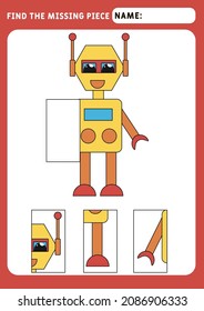 Find the missing piece and complete the picture. Puzzle kids activity. transport theme. Funny little robot. Activity for pre school years kids. Educational and logical game for kids.  A4 paper