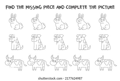 Find the missing piece and complete the picture. Learning for toddlers, preschool, kindergarten.   Education developing worksheet. Activity coloring page. Game for kids. Isolated vector illustration