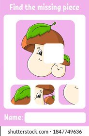 Find the missing piece. Education developing worksheet for kids. Puzzle game. Activity page. Cartoon character. Autumn theme.