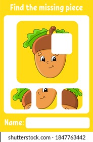Find the missing piece. Education developing worksheet for kids. Puzzle game. Activity page. Cartoon character. Autumn theme.
