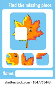 Find the missing piece. Education developing worksheet for kids. Puzzle game. Activity page. Cartoon character. Autumn theme.