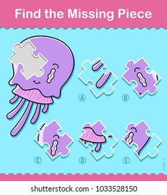 Find the Missing Piece kids educational jigsaw puzzle game with a colorful jellyfish swimming underwater and five choices of parts, vector