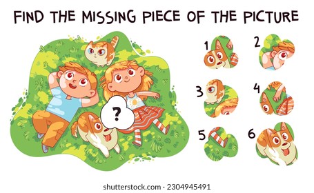 Find the missing piece of the picture. Children and their pets lying on the grass. Educational game for children. Choose correct answer. Matching game. Colorful cartoon characters. Funny illustration