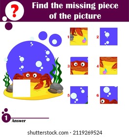 Find missing piece. Puzzle game for children. Funny crab