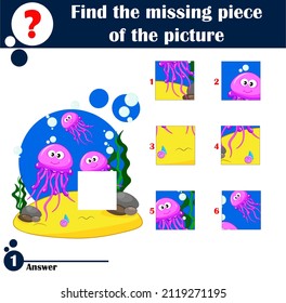 Find missing piece. Puzzle game for children. Funny jellyfish
