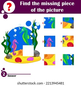 Finden Sie das fehlende Stück. Puzzle-Spiel für Kinder. Funny Sea Pferd. Puzzle-Spiel für Vorschulkinder