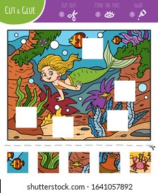 Find the missing pieces, jigsaw puzzle game for children. Cut and glue squares. Little mermaid and underwater background