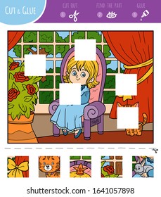 Find the missing pieces, jigsaw puzzle game for children. Cut and glue squares. Princess in the palace