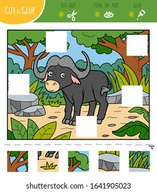 Find the missing pieces, jigsaw puzzle game for children. Cut and glue squares. Buffalo and african background