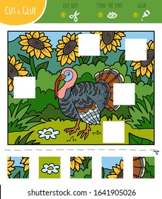 Find the missing pieces, jigsaw puzzle game for children. Cut and glue squares. Turkey and meadow with sunflowers