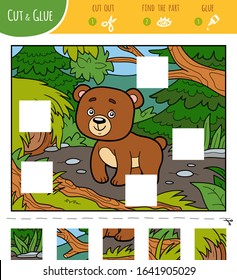 Find the missing pieces, jigsaw puzzle game for children. Cut and glue squares. Bear and forest background