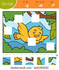 Find the missing pieces, jigsaw puzzle game for children. Cut and glue squares. Bird and forest background