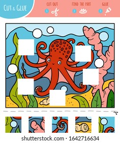 Find the missing pieces, jigsaw puzzle game for children. Cut and glue squares. Octopus and ocean background
