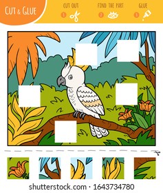 Find the missing pieces, jigsaw puzzle game for children. Cut and glue squares. Cockatoo parrot and tropical background