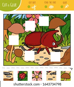 Find the missing pieces, jigsaw puzzle game for children. Cut and glue squares. Rhinoceros beetle in the meadow