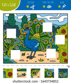 Find the missing pieces, jigsaw puzzle game for children. Cut and glue squares. Peacock in the royal garden