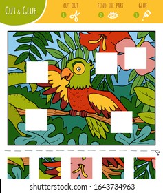 Find the missing pieces, jigsaw puzzle game for children. Cut and glue squares. Parrot and tropical background