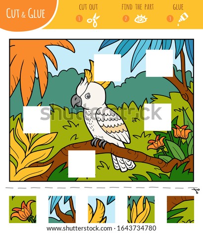 Find the missing pieces, jigsaw puzzle game for children. Cut and glue squares. Cockatoo parrot and tropical background