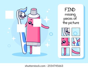 Find the missing pieces in the picture on the topic of hygiene. Toothbrush hugs toothpaste. Cute cartoon illustration. Isolated on white background.