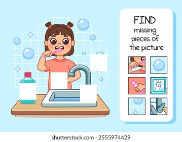 Find the missing pieces in the picture on the topic of hygiene. Girl brushing teeth, standing near sink with tap. There is mouthwash on table. Cute cartoon illustration. Isolated on white background.