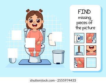 Find the missing pieces in the picture on the topic of hygiene. The girl is sitting on the toilet, there are trash, toilet brush and paper. Cute cartoon style illustration, isolated. Kid's game.