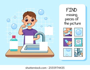 Find the missing pieces in the picture on the topic of hygiene. Boy brushing teeth, standing near sink with tap. There is mouthwash on table. Cute cartoon illustration. Isolated on white background.