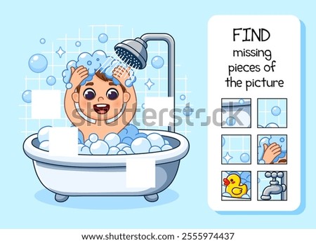 Find the missing pieces in the picture on the topic of hygiene. A kid is bathing in a bubble bath with duck. He is washing his hair under the shower. Cute cartoon style illustration, isolated.