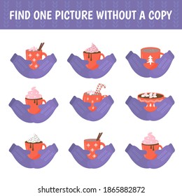 Find a mittens and cup without a pair. A game for children on mindfulness. Vector illustration.