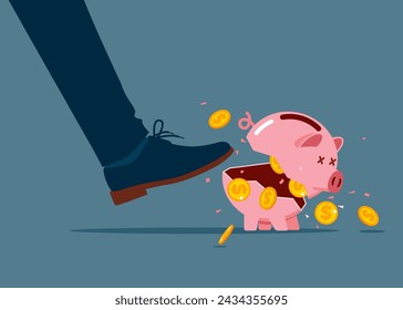 Find money. Businessman kicking hard the pink piggybank pig. Flat vector illustration.