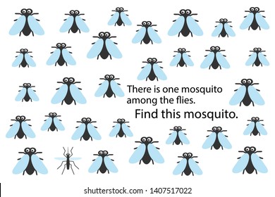 Find mosquito among flies, spring fun education puzzle game for children, preschool worksheet activity for kids, task for the development of logical thinking and mind, vector illustration