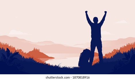 Find motivation in nature - Man with raised arms in landscape enjoying a personal adventure. Hiking happiness concept. Vector illustration.