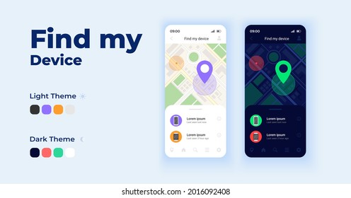 Find my device cartoon smartphone interface vector templates set. Mobile app screen page day and dark mode design. Tracking family member location UI for application. Phone display with flat character