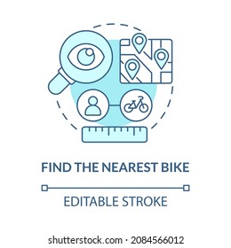 Find Nearest Bike Blue Concept Icon. Bike Sharing Usage Abstract Idea Thin Line Illustration. Getting Directions To Docking Station. Vector Isolated Outline Color Drawing. Editable Stroke