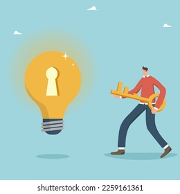 Find a new business solution or business idea, a new product or service. Symbol of leadership, success, strategy. Career opportunity sign. Businessman with a golden key, a rhombus with a keyhole.