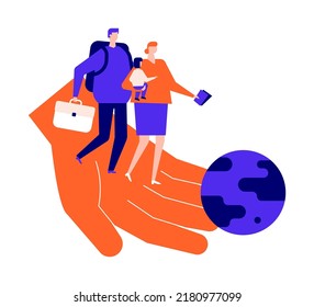 Find a new home - modern colorful flat design style illustration on white background. A scene with young family receiving assistance in finding a new country to live in. Moving planet and travel idea