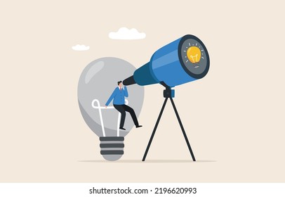 Find new ideas in business. New opportunity, idea or inspiration. innovation or creativity. A businessman looks over a large camera to find light bulb ideas.